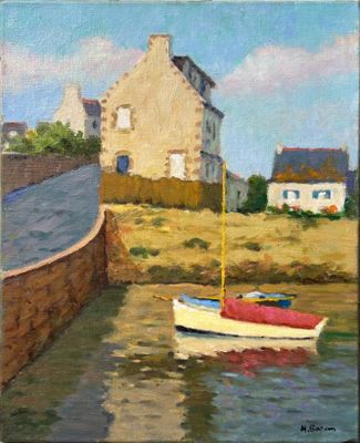 an oil painting of a small boat in a body of water