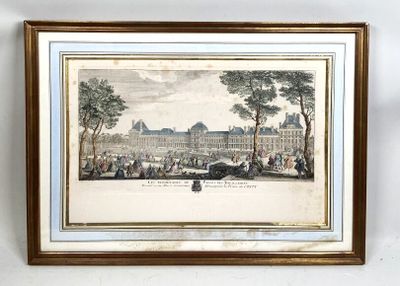 an old picture of a large building with a lot of people in it