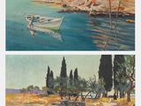 deux tableaux représentant des bateaux sur l'eau et un homme dans un bateau sur le rivage