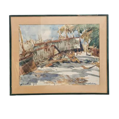 aquarelle encadrée représentant une scène de plage avec des bateaux et des palmiers