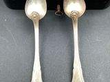 two silver spoons and two spoons in a blue case