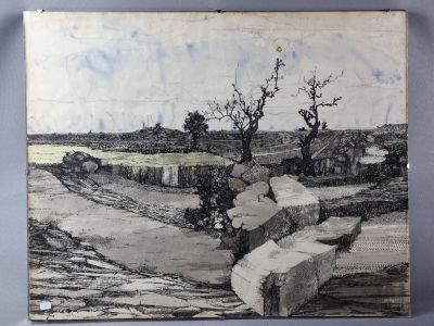 drawing of a landscape with a river and trees in the distance