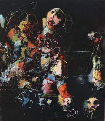 an image of a painting of a man with a guitar on a black background