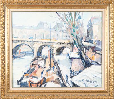 une image d'une peinture représentant un pont sur une rivière