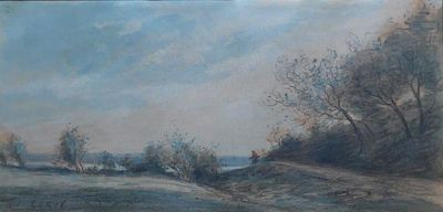 painting of a landscape with trees and a road in the foreground