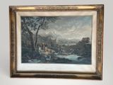 framed print of a painting of a landscape with people and animals