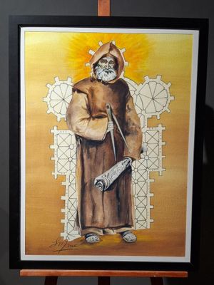 Ecole contemporaine Moine bâtisseur Aquarelle monogrammée et…