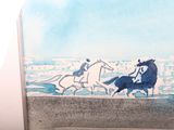 a painting of a man riding a horse on the beach