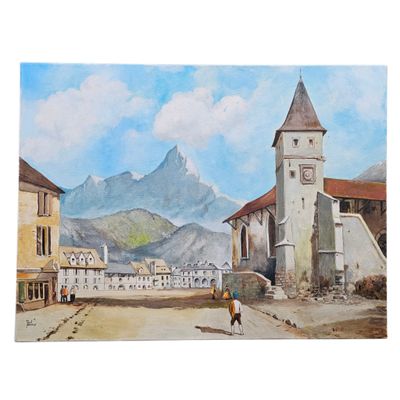 un tableau représentant une ville avec une tour horloge en son centre