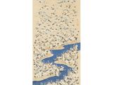 a painting of a flock of birds flying over a body of water