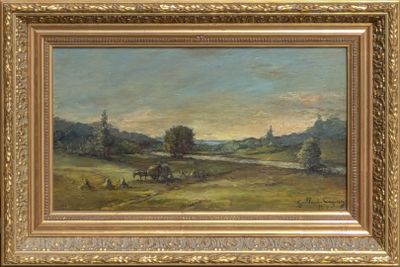 une peinture à l'huile représentant un paysage avec du bétail paissant dans un champ