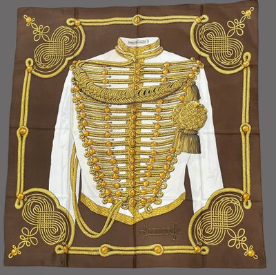 an image of a brown and gold scarf with a military uniform on it