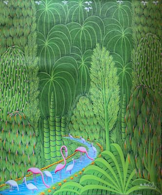 une image représentant un tableau de flamants roses dans un paysage tropical