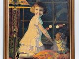 painting of a little girl in a white dress playing with a teddy bear