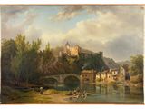 painting of a river scene with a castle in the background