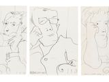 three drawings of a man and a woman sitting on a couch