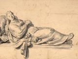 an old drawing of a man laying on a bench with a dog
