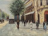 a painting of a street scene with people walking on the sidewalk