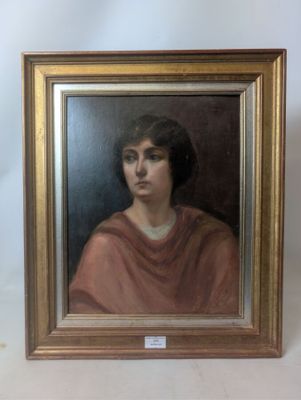 portrait of a woman in a red shawl by a gold frame