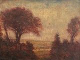 an oil painting of a landscape with trees and a body of water in the distance