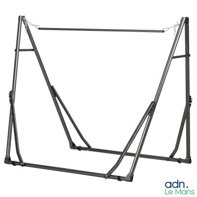 a close up of a metal swing frame with chains on it