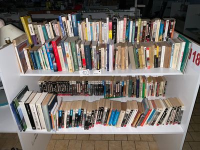 une étagère blanche sur laquelle sont posés de nombreux livres