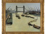 tableau représentant un tableau de bateaux sur une rivière, avec un pont en arrière-plan