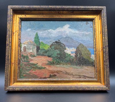 a painting of a landscape with trees and a house in the distance