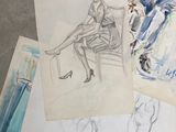 a drawing of a man sitting on a bench next to a drawing of a woman