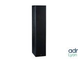 a close up of a tall black speaker on a white background