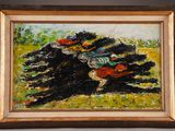 an oil painting of a group of horses running in a field