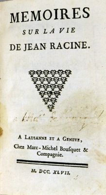 RACINE (Louis) : Mémoires sur la vie de Jean Racine. Lausann…
