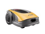 a close up of a robotic lawn mower on a white background