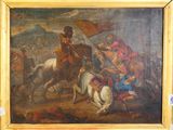 tableau représentant un homme à cheval, sur lequel est hissé un drapeau