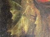 a painting of fruit on a table with leaves on it
