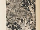 a black and white drawing of a group of people in a forest