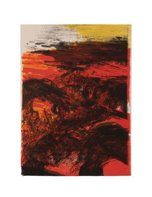 une peinture abstraite représentant un paysage rouge et noir avec des arbres