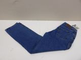 the jeans are blue and have a small zipper at the bottom