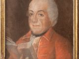 un vieux tableau représentant un homme vêtu d'un manteau rouge tenant un livre