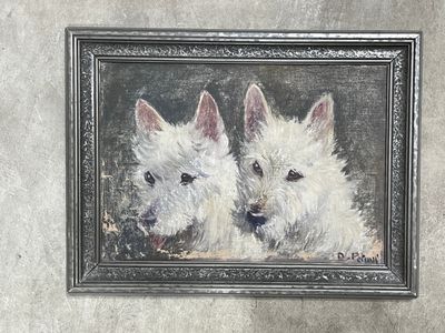 painting of two white dogs in a picture frame on a wall