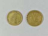 two gold coins, one of which has a bust and the other of which is a bust