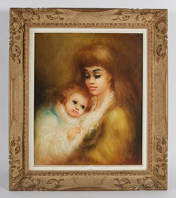 une peinture à l'huile représentant une femme tenant un enfant dans ses bras