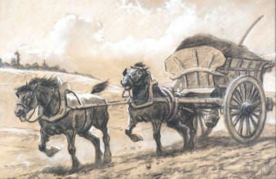 tableau représentant deux chevaux tirant un chariot couvert à bord duquel se trouve un homme