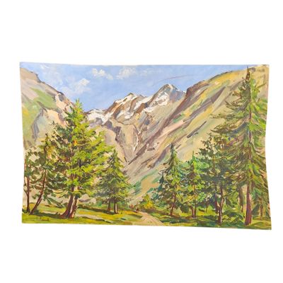 peinture représentant un paysage de montagne avec des pins et des montagnes en arrière-plan