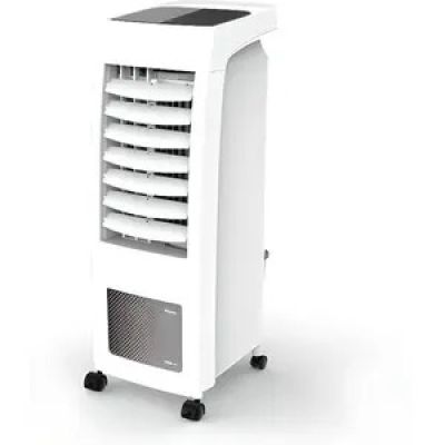 a white air cooler sitting on top of a white table