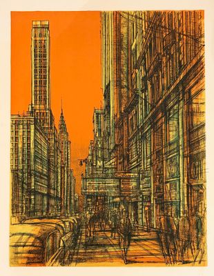 une image représentant un dessin d'une rue de ville avec une tour horloge en arrière-plan