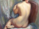 une peinture à l'huile représentant une femme nue assise sur une chaise