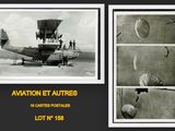 two black and white photos of an airplane with parachutes in the air