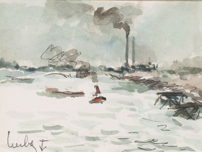une aquarelle représentant un homme dans un bateau sur l'eau