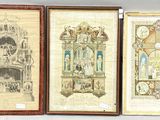 three framed drawings of a church and a clock on a wall